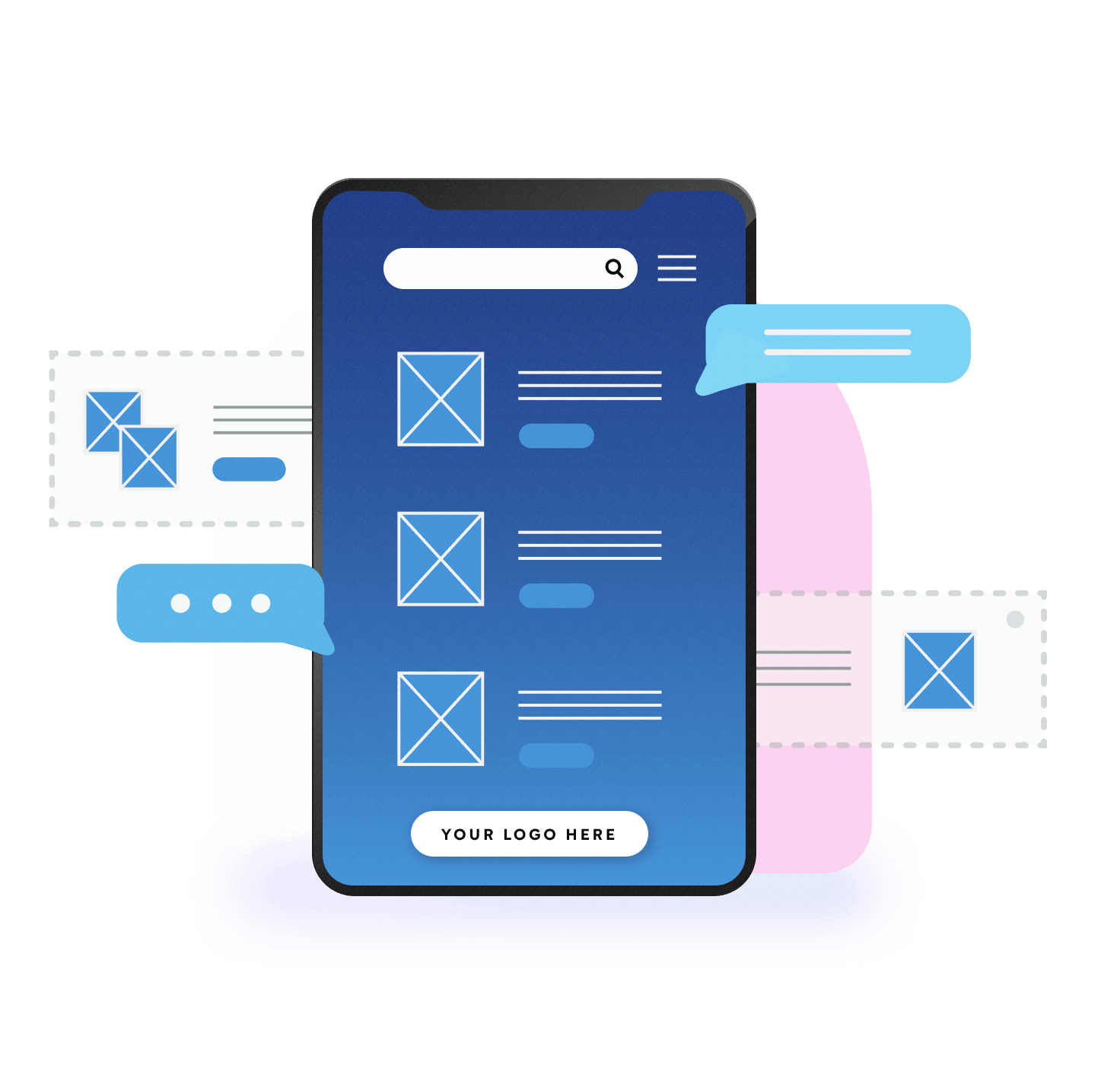 An abstract illustration of quick search, instant messaging and pie charts