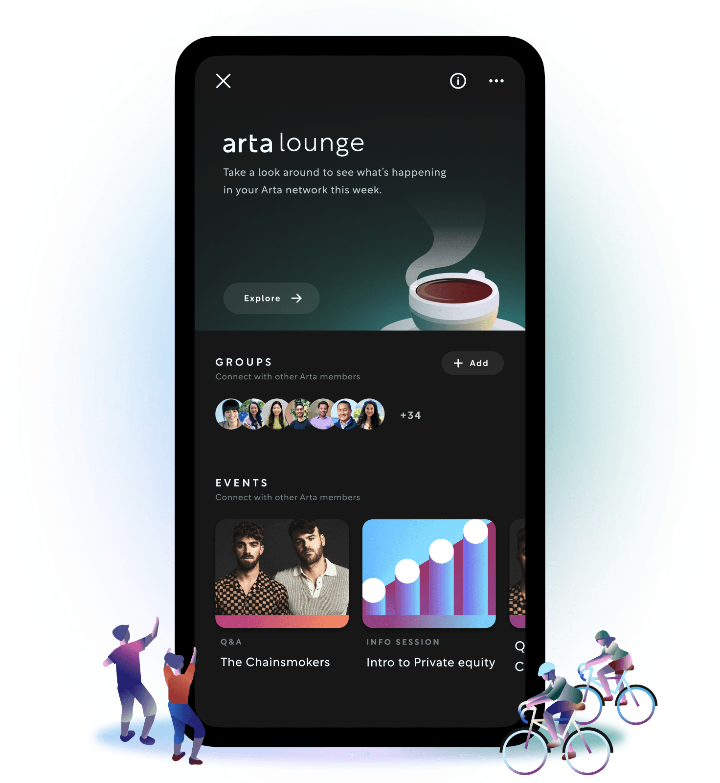 Preview of the Arta lounge page on a mobile device showing what's happening in the user's Arta network this week and the list of people and groups that are connected.